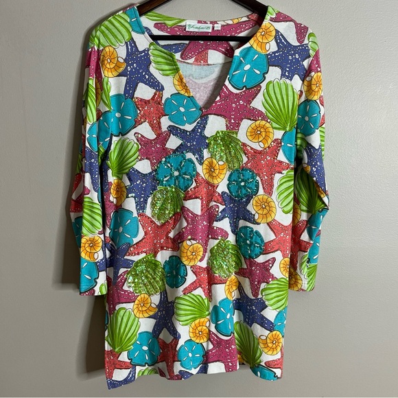 Lulu-B Tops - Lulu-B Size Large Women's Sea Shell Colorful Sequin Tunic Blouse Top L6